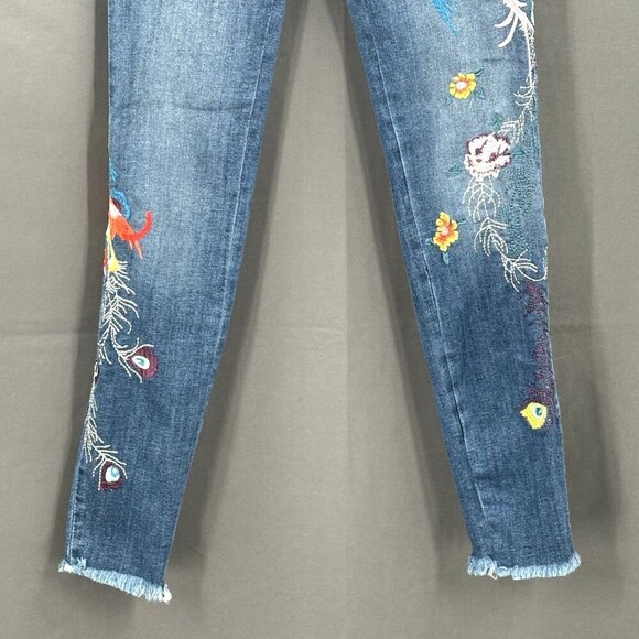 Free People Jeans Women 25 Embroidery Peacock Floral Raw Hem Mid Rise Denim Boho - Picture 8 of 11
